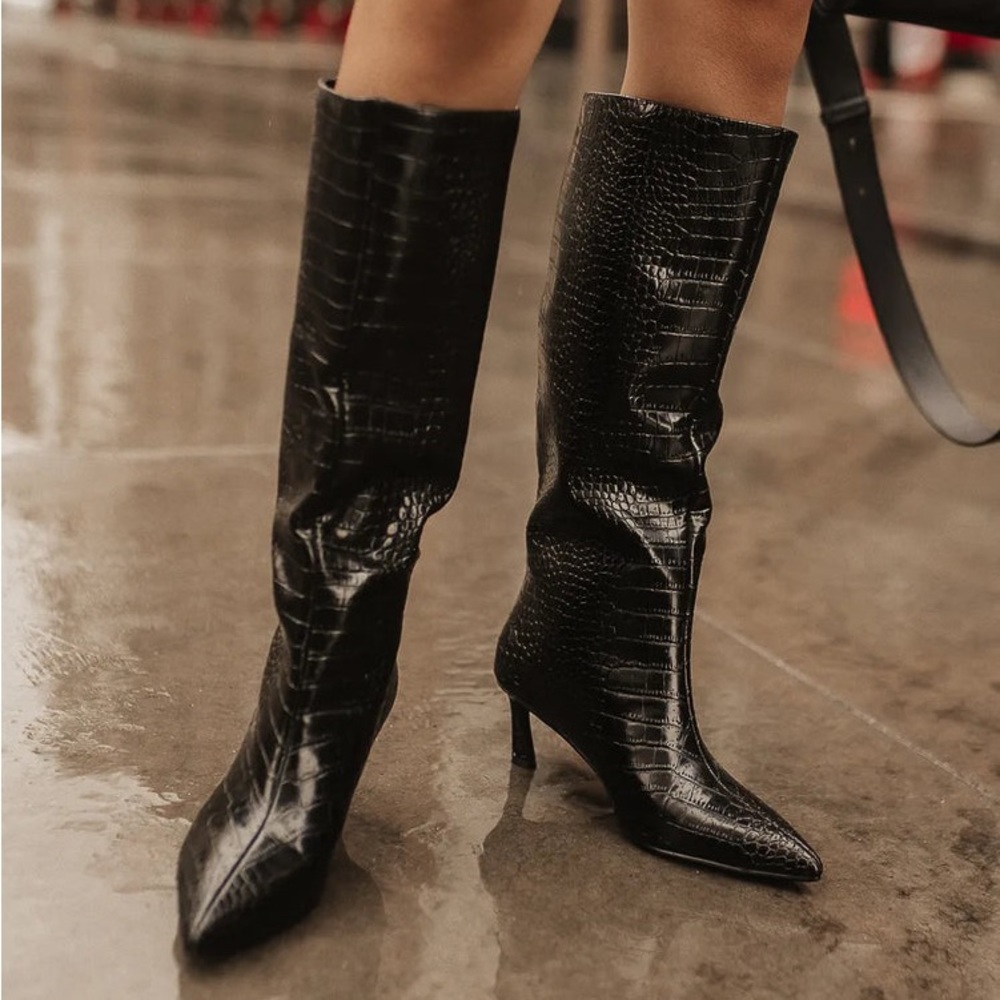 Black Croc-Embossed Knee Boot with Stiletto Heel